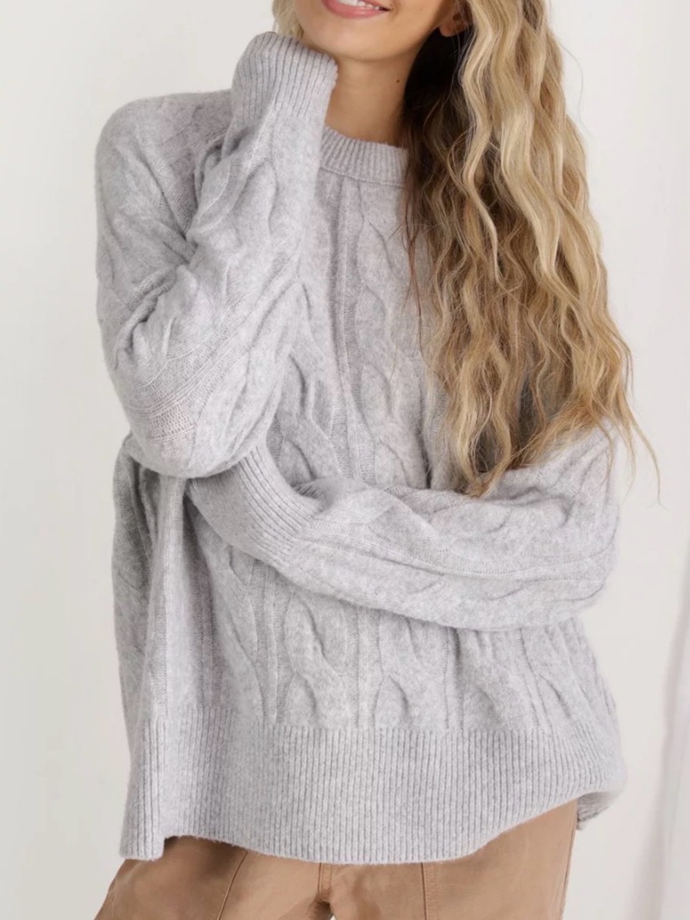 aerie Heather Gray UnReal Cable Knit Crewneck Sweater XXL Oversized NWT